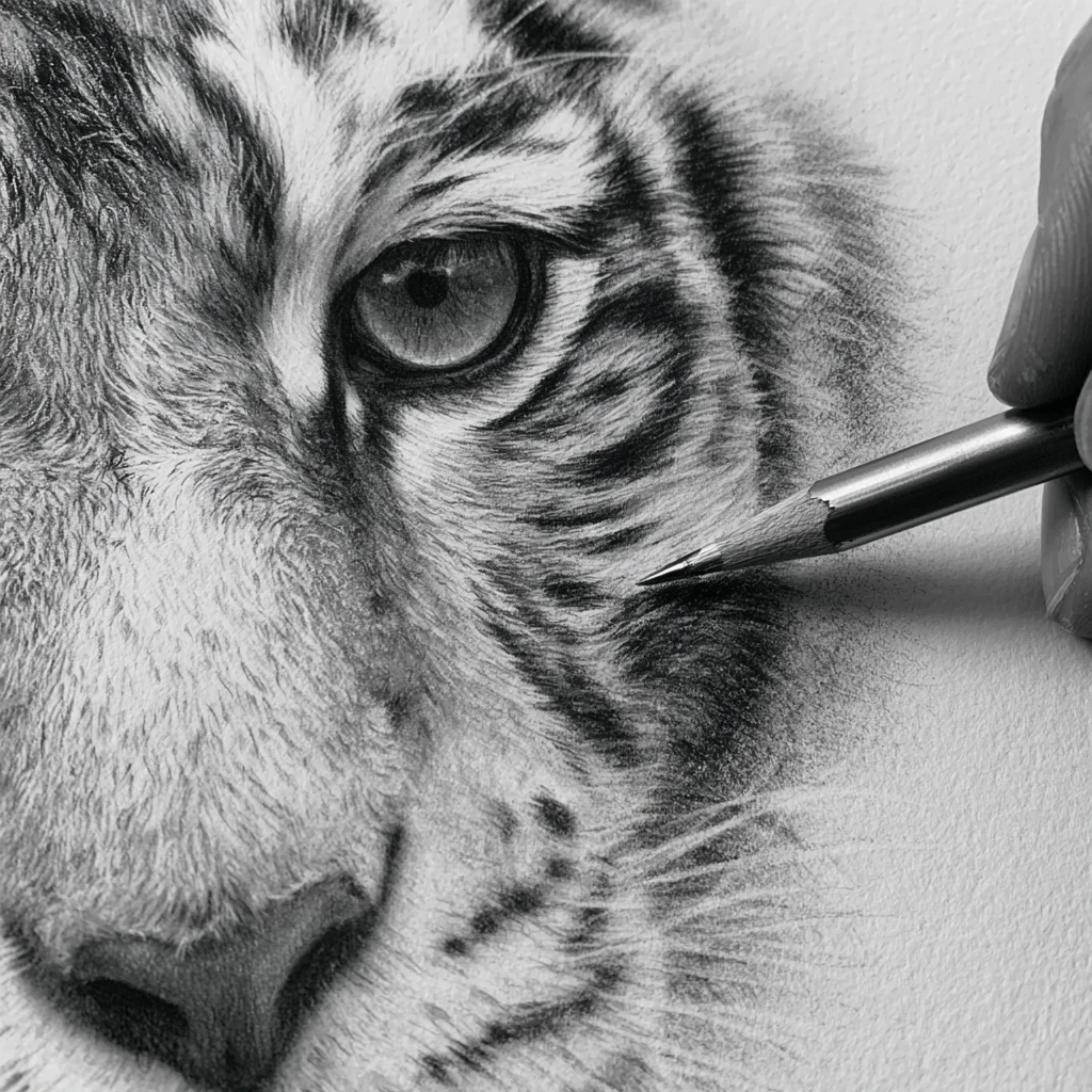 Croquis 3D au crayon en gros plan du visage d’un tigre blanc