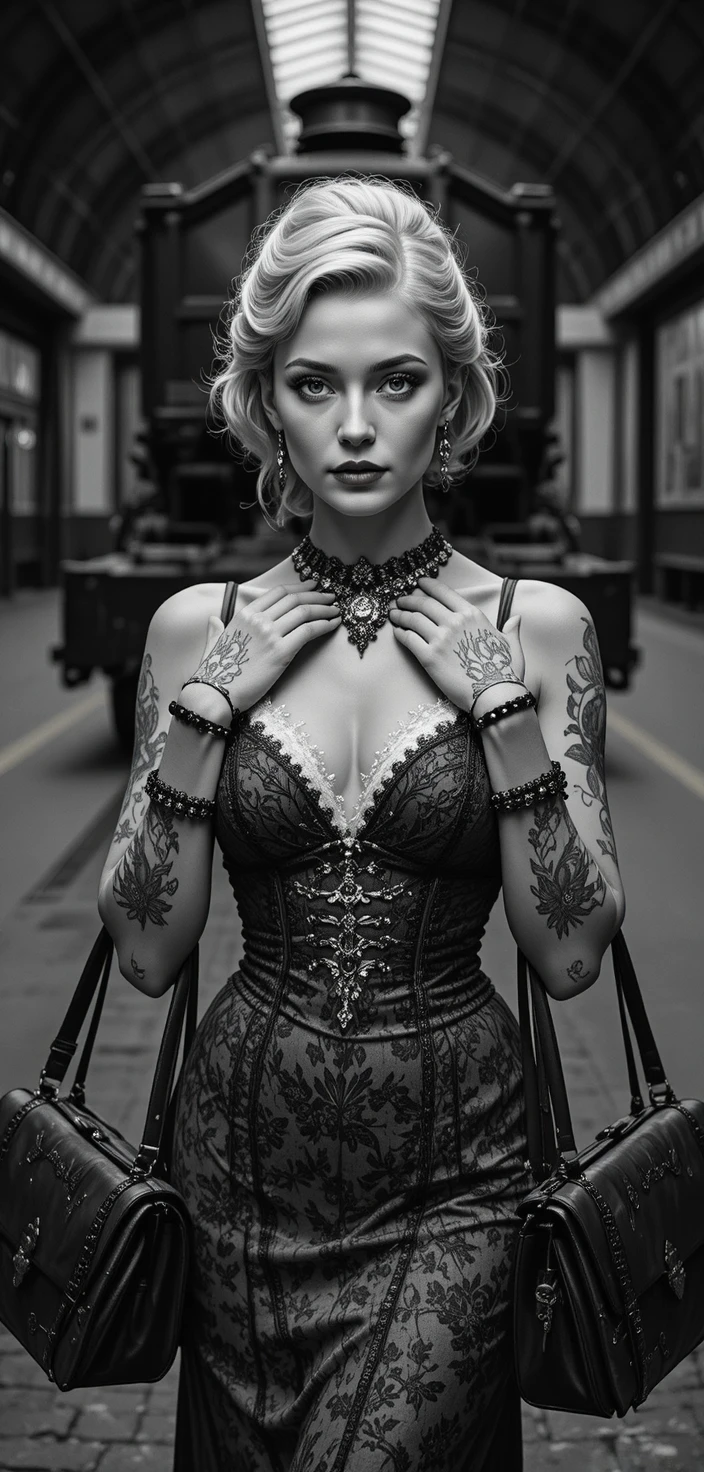 Elegante mulher vitoriana com malas em uma plataforma de trem