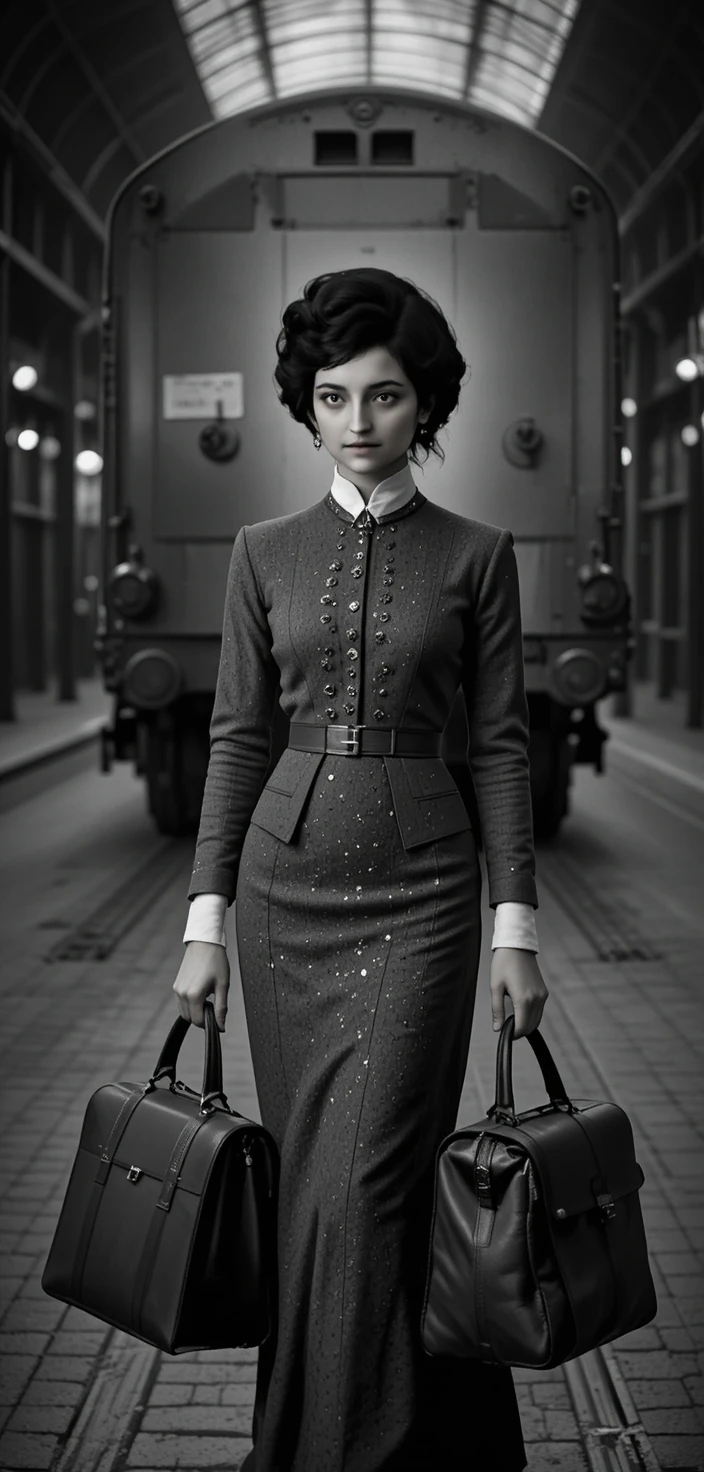 Elegante Frau im viktorianischen Anzug auf einem nostalgischen Bahnhof