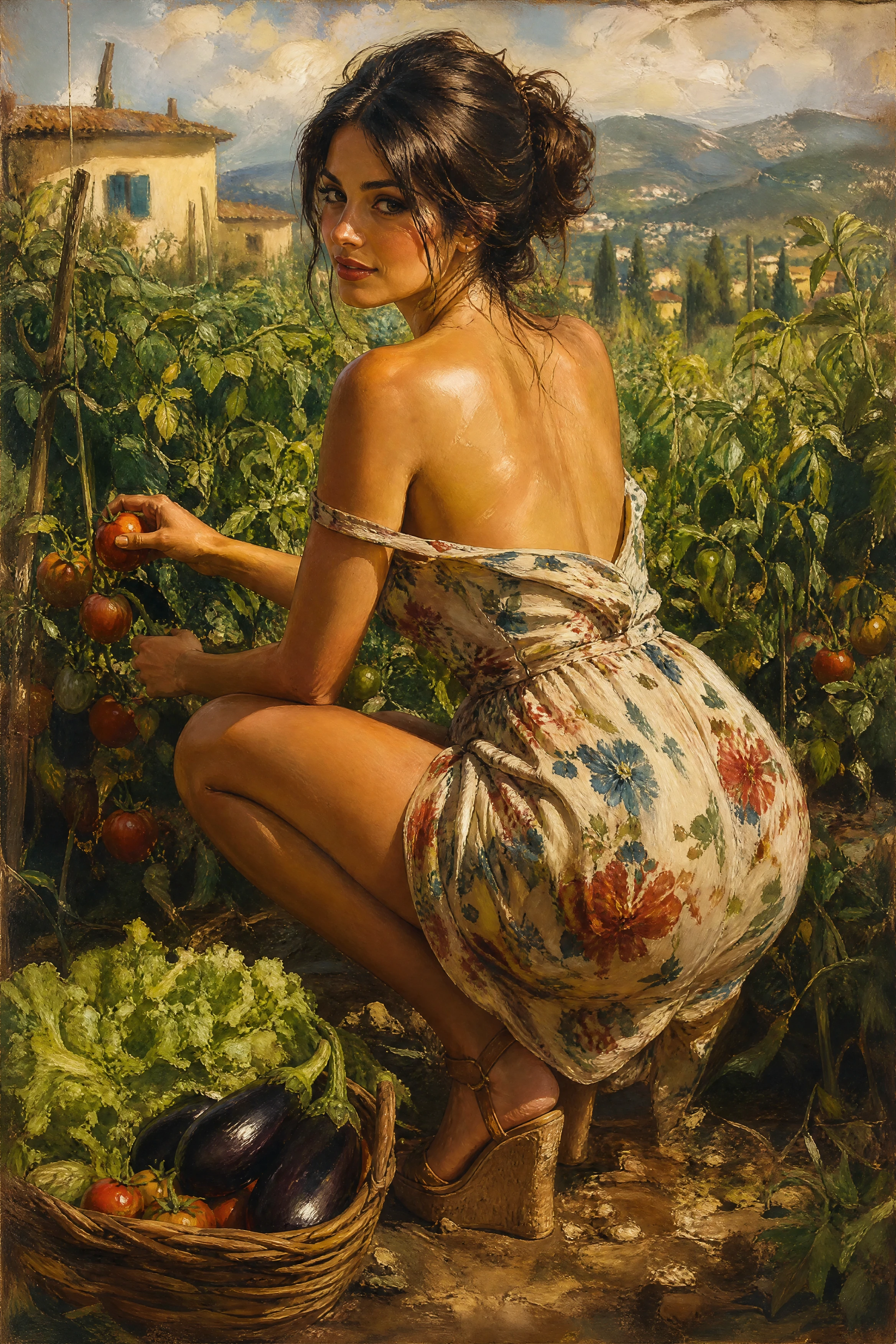 Junge Frau pflückt Tomaten in einem sonnigen Garten