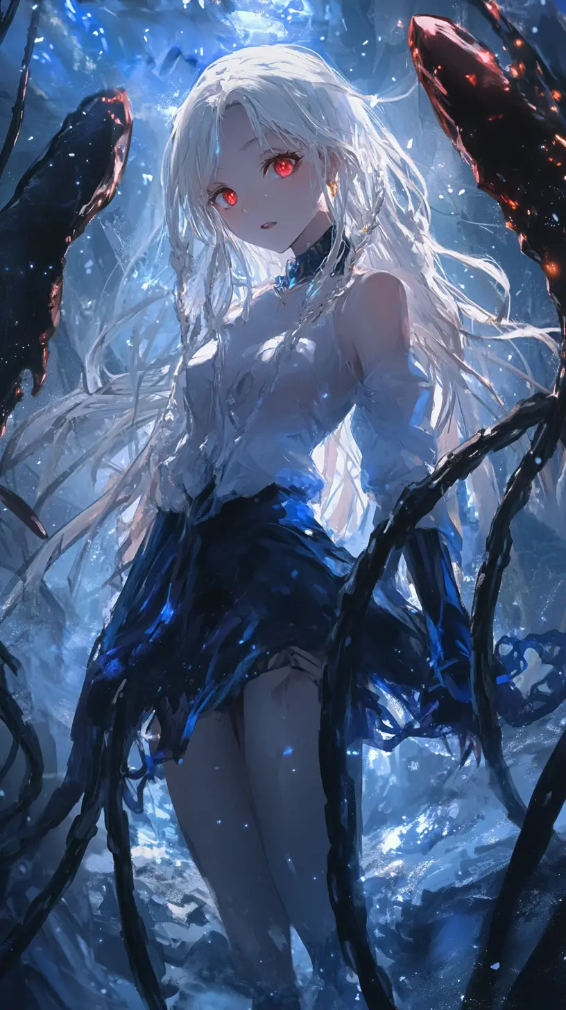 Anime-Mädchen in ölverschmierter Kleidung vor einem leuchtenden Kristall