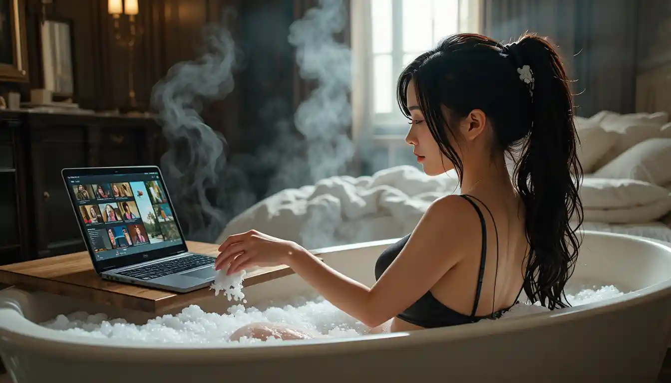 Junge Frau mit Laptop in einer modernen Badewanne