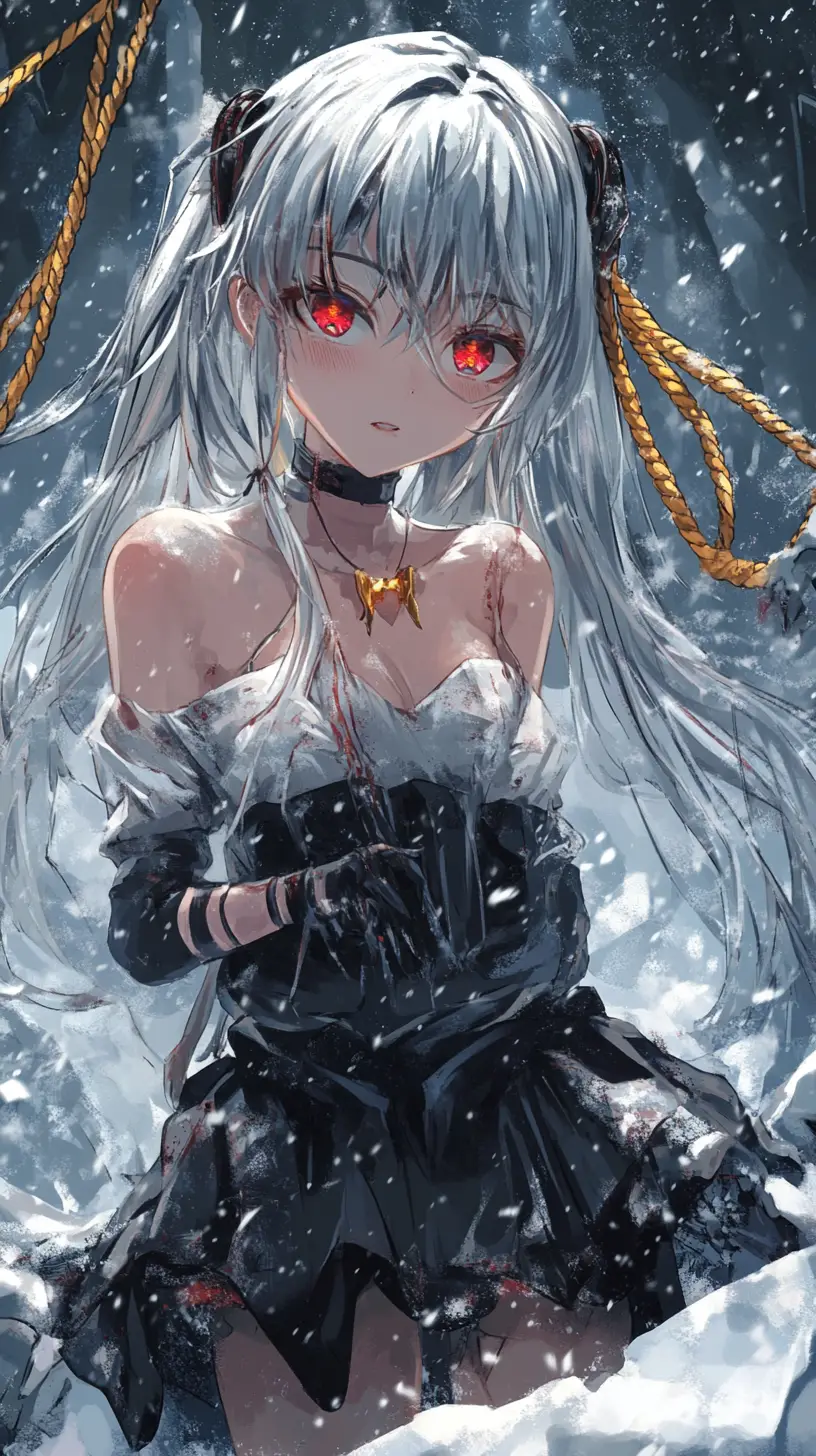 Anime-Mädchen in ölverschmierten Kleidern, das einen leuchtenden Kristall betrachtet