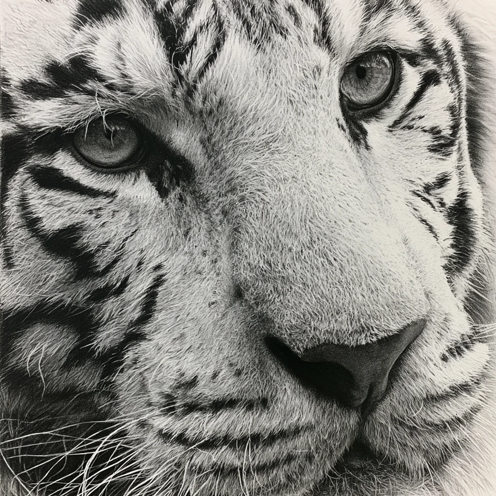 Primo piano a carboncino del volto di una tigre bianca