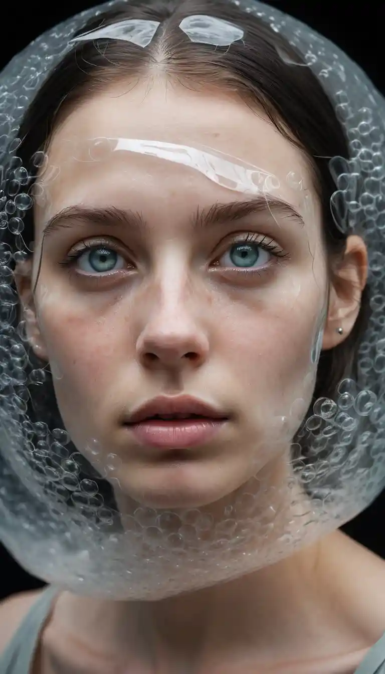 Woman behind torn bubble wrap staring through one visible eye
