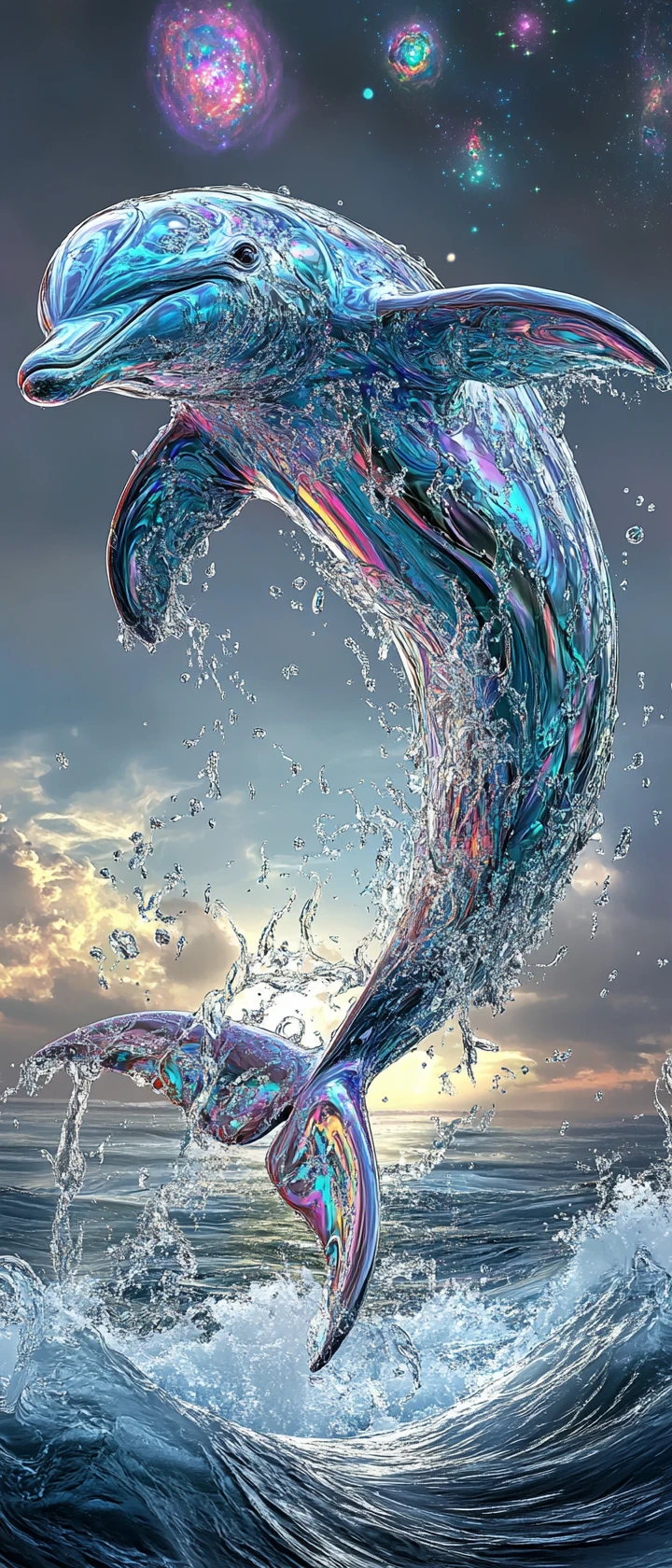 宇宙星空中躍出海浪的水之海豚