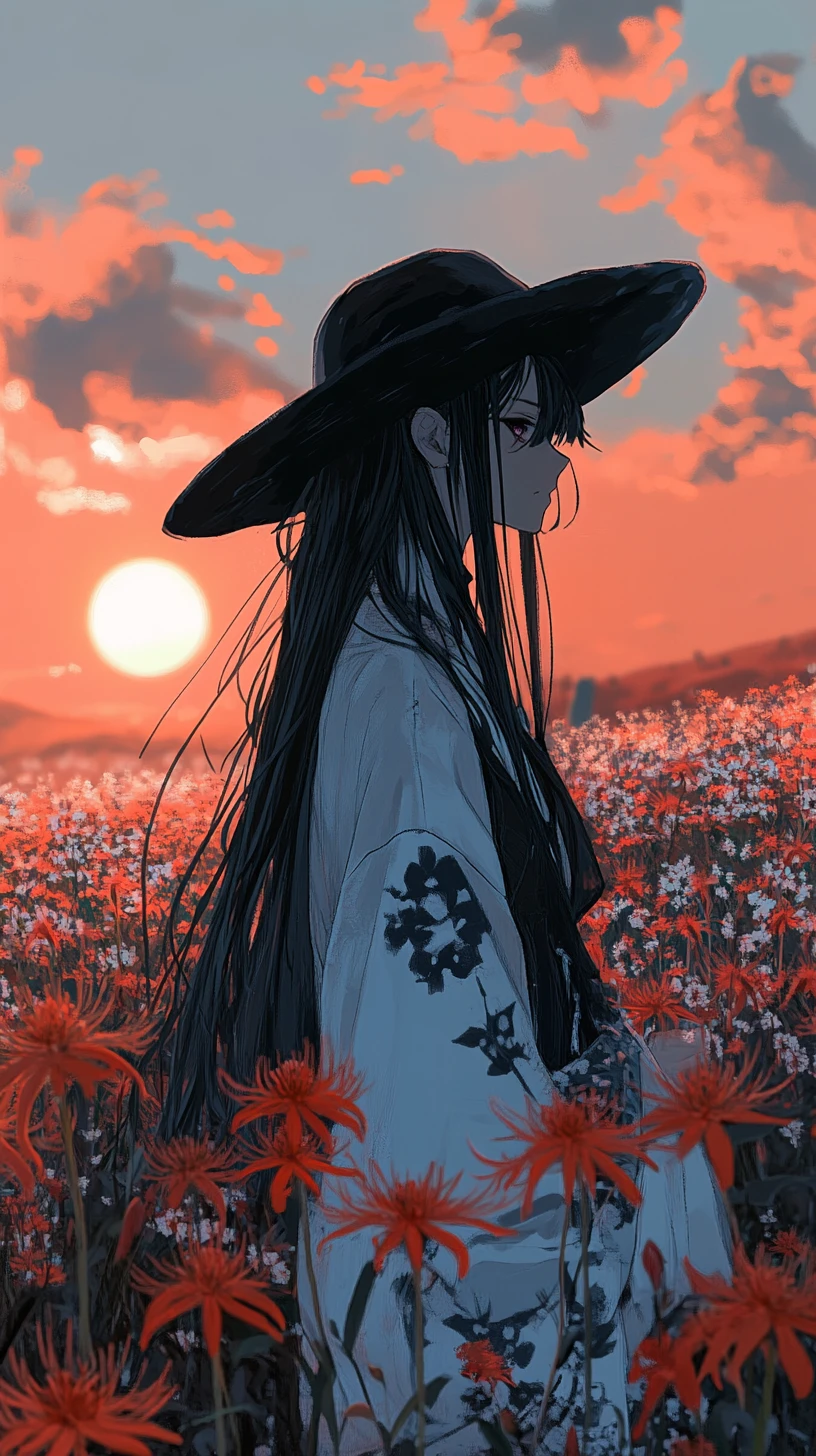Girl walking a stone path through red lilies at sunset