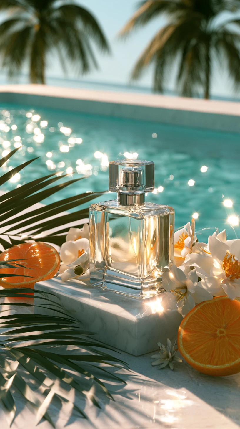 Luxuriöser Parfümflakon am Infinity-Pool mit Sonnenreflexionen