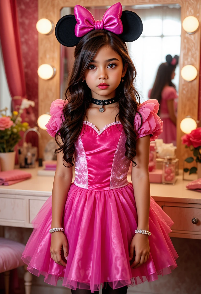 Garçon hispanique préadolescent en costume de princesse devant la coiffeuse