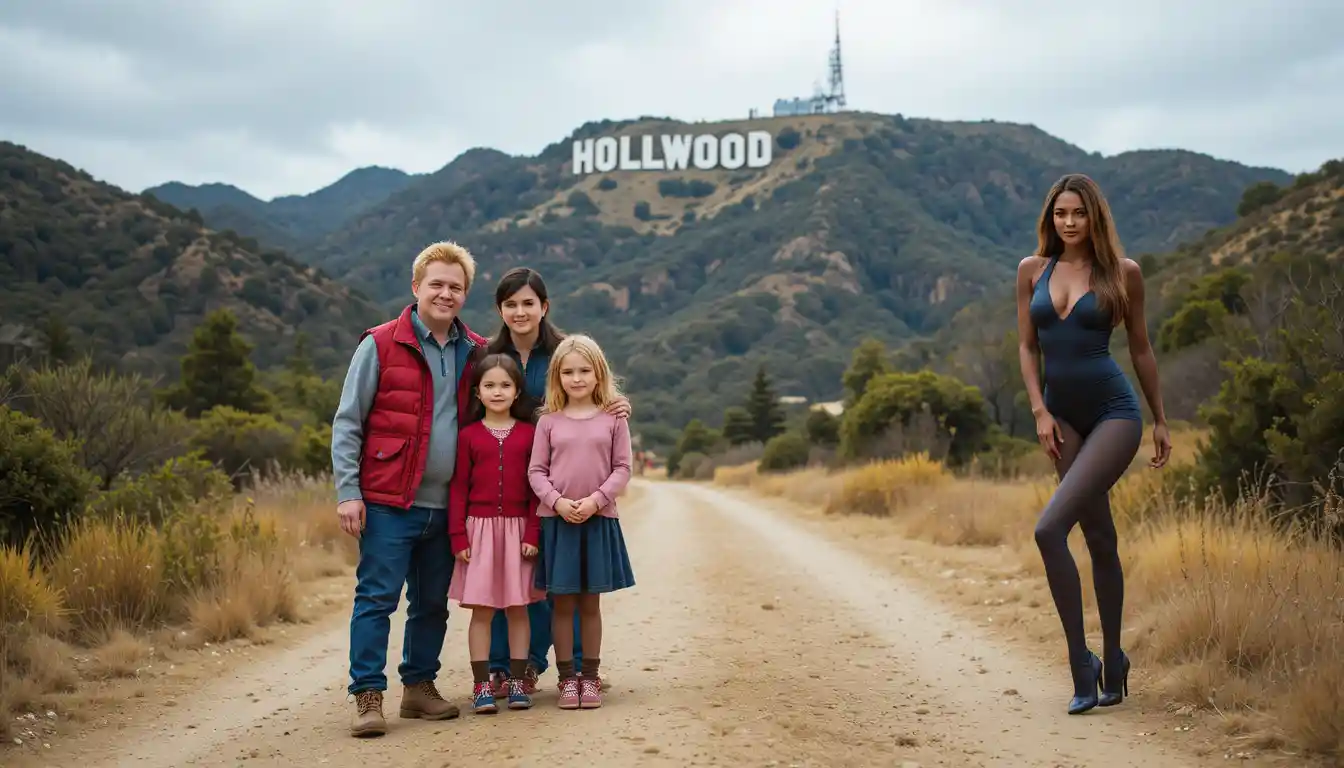 Famiglia che posa insieme su un sentiero vicino alla scritta Hollywood