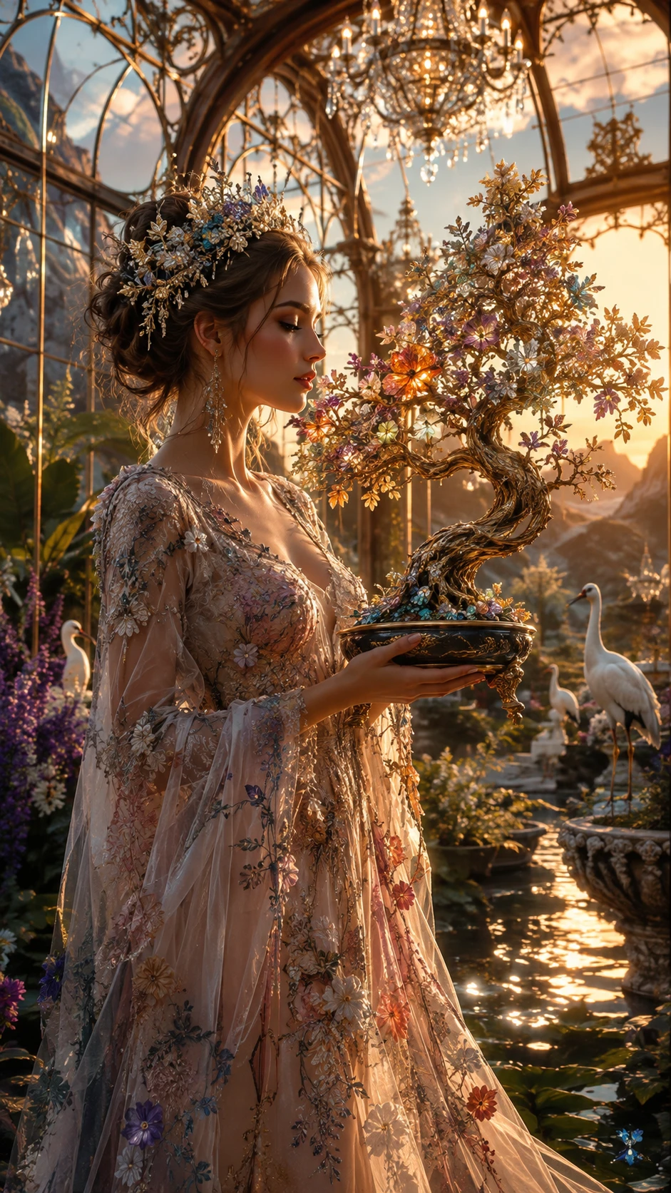 Mulher encantada segurando bonsai de cristal em estufa de vidro