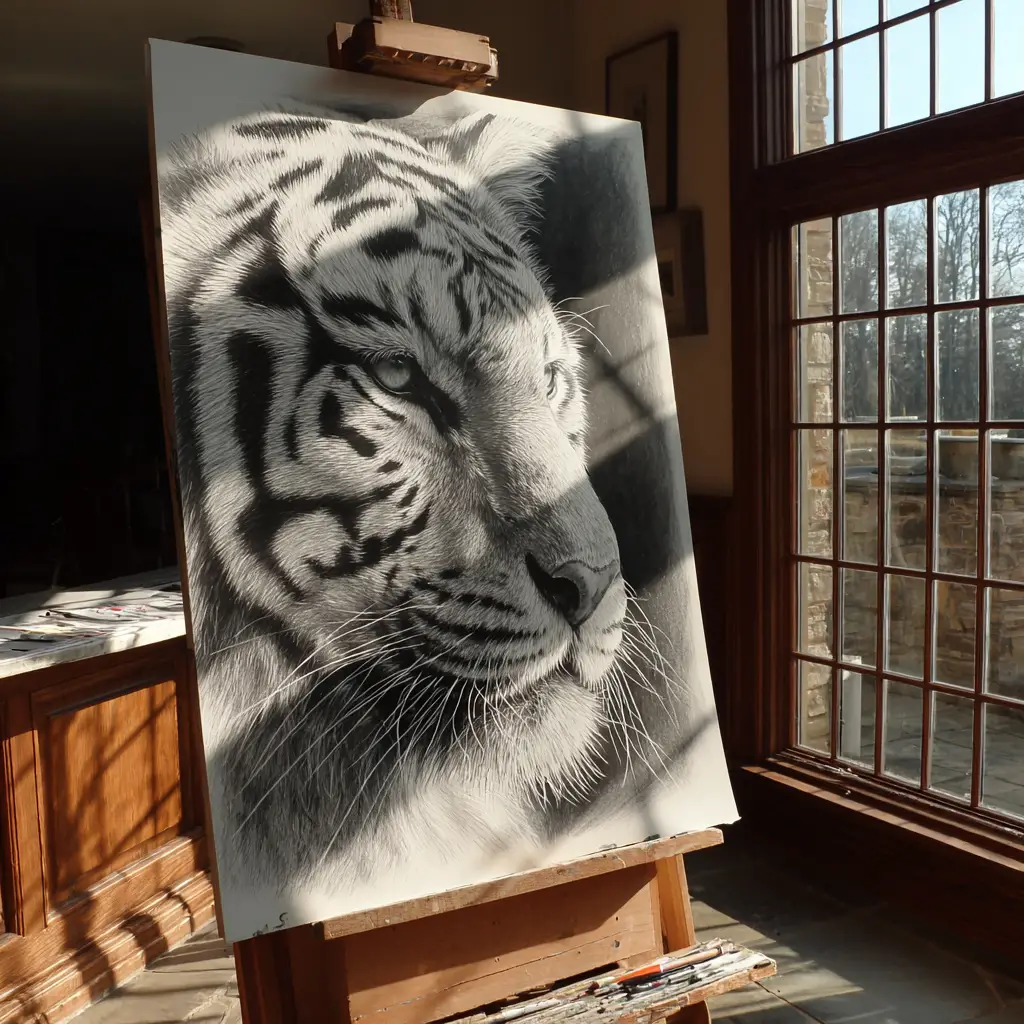 Primo piano a matita di una tigre bianca su un cavalletto