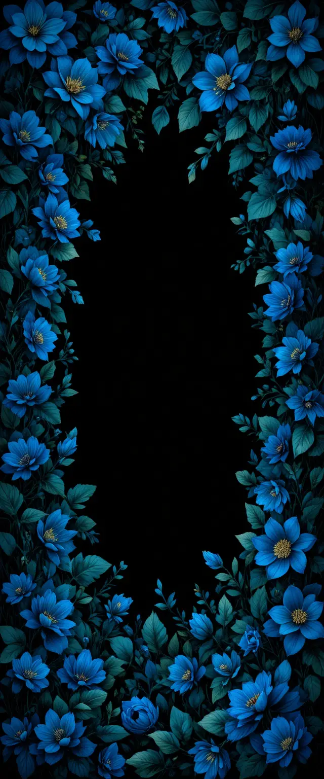 Papier peint floral sombre avec lianes bleu et vert luminescentes