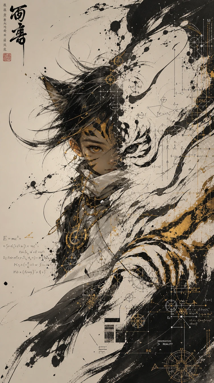 Enfant félin futuriste se dissolvant en traits d’encre abstraits