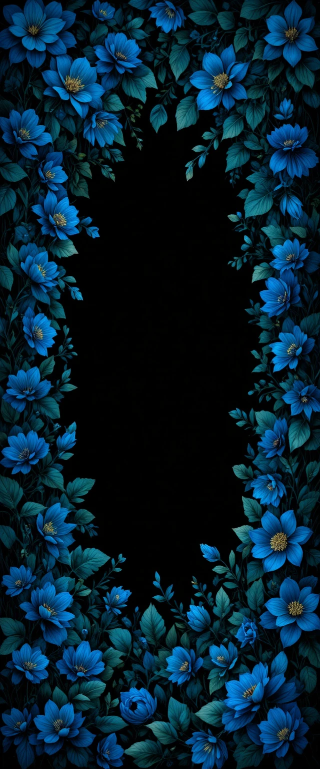 Carta da parati floreale scura con tralci luminosi blu e verdi