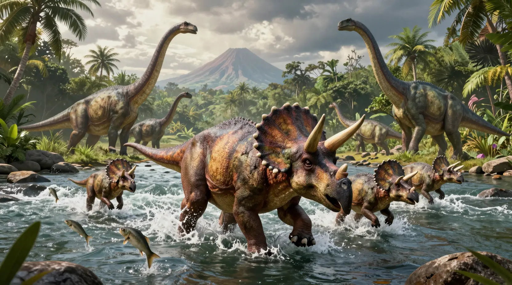 Triceratops-Familie überquert einen reißenden Dschungelfluss