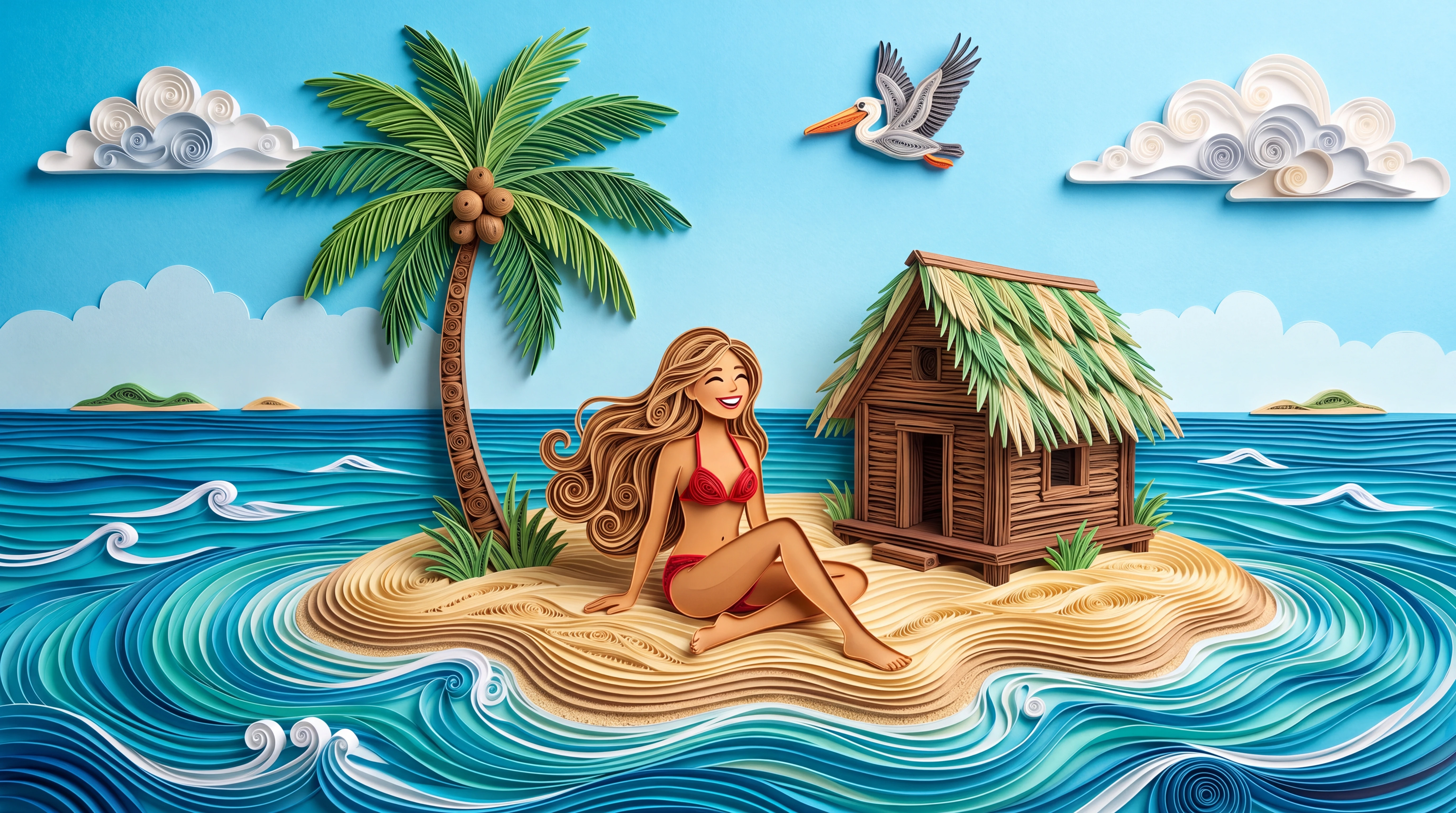 Mulher feliz em minúscula ilha tropical em estilo quilling de papel