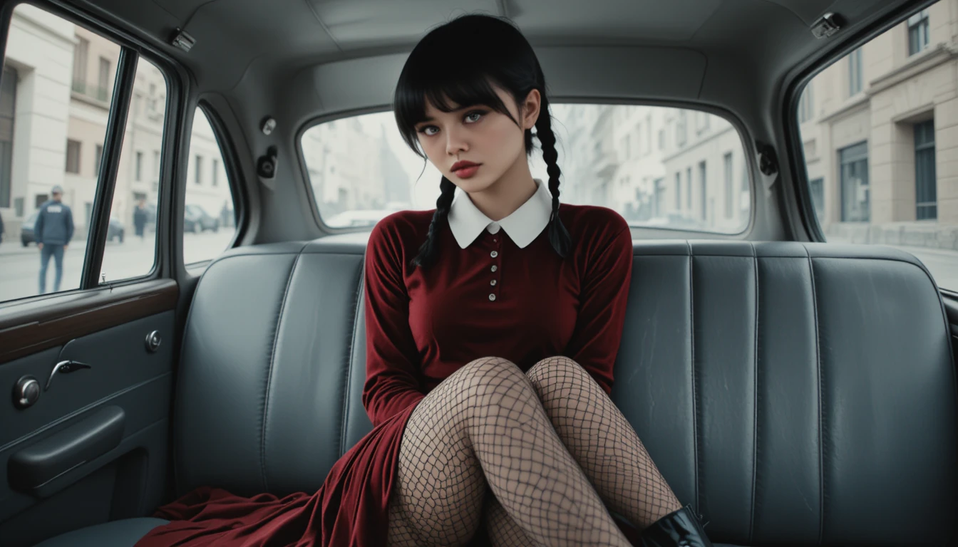 Garota gótica de vestido vermelho sentada no interior de um carro vintage