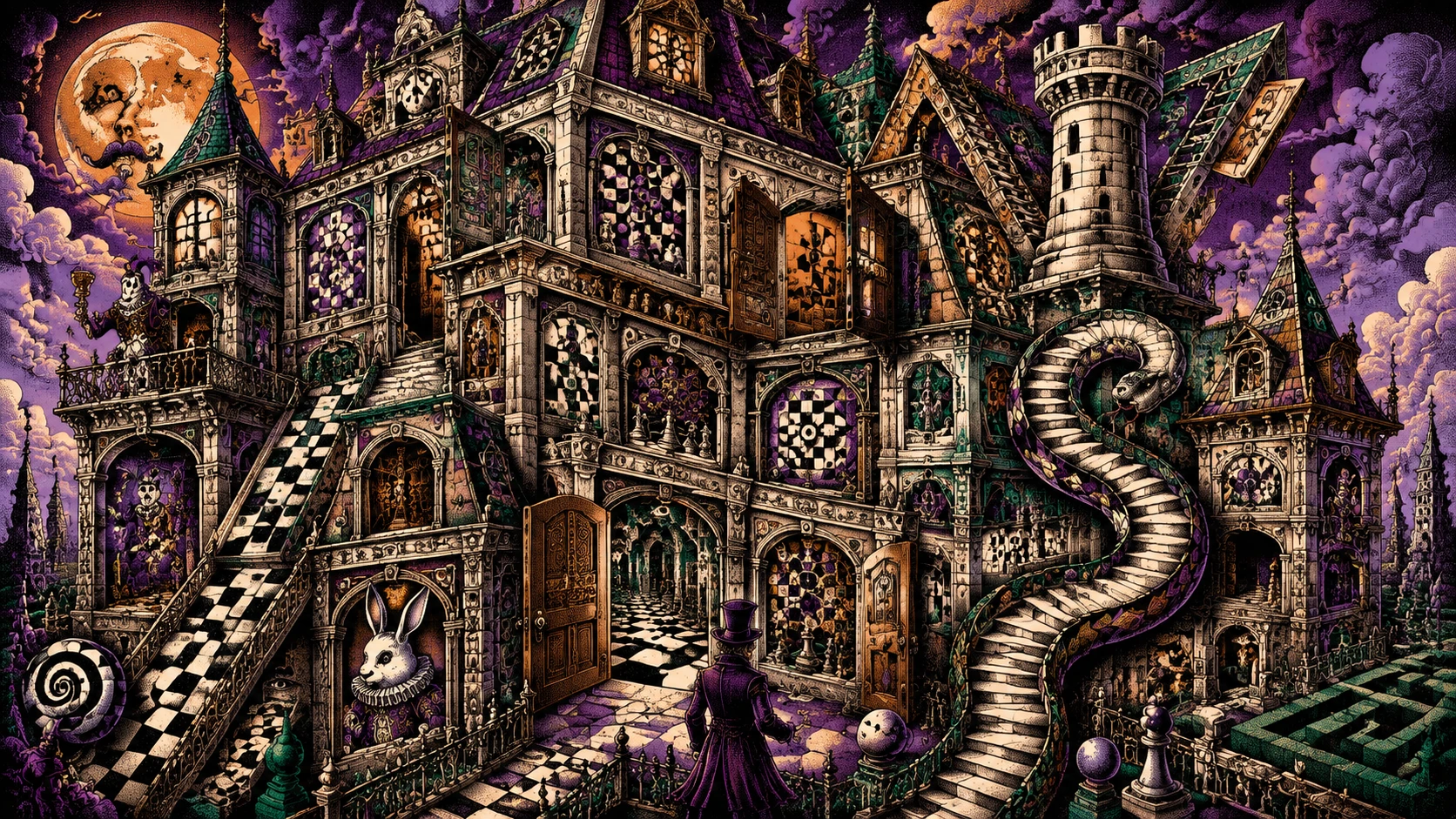 Mansão vitoriana surreal torcendo-se em arquitetura viva de videogame