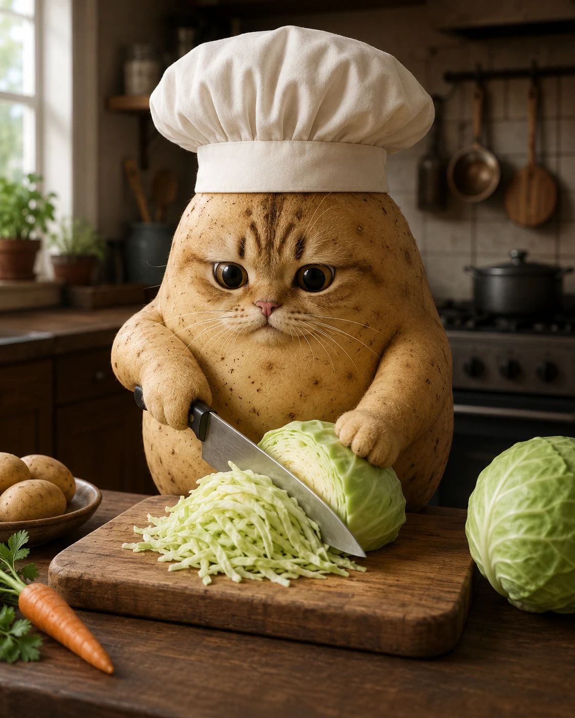Gato chef de desenho animado fatiando repolho em uma cozinha caseira
