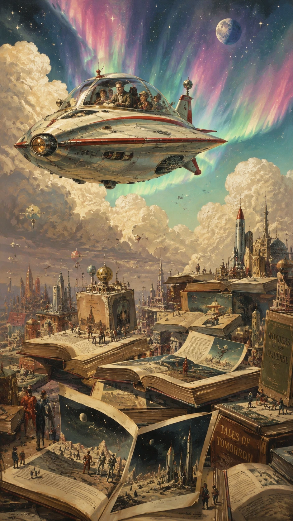 Nave alienígena surreal voando sobre uma cidade de livros