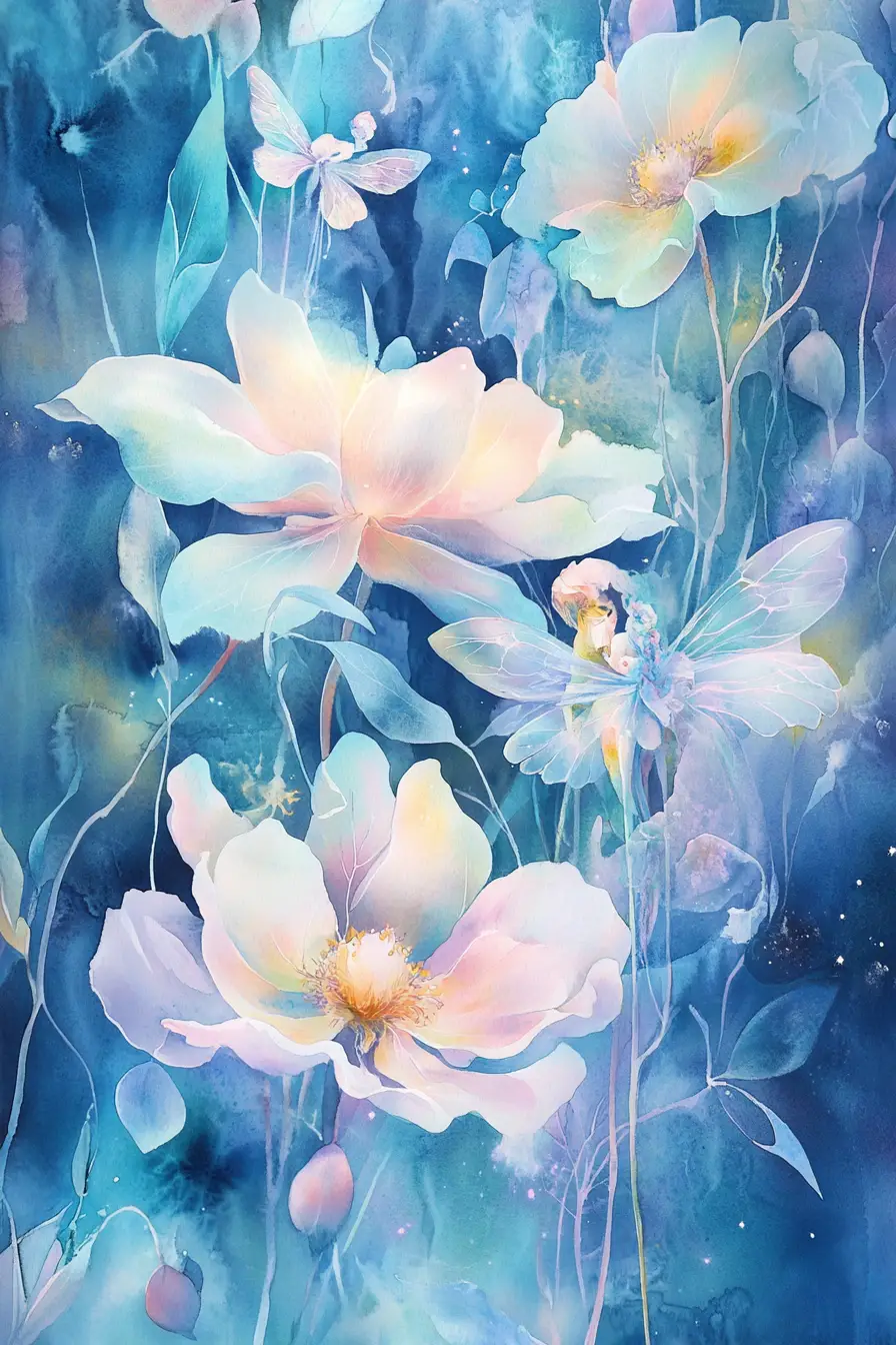 夢幻水彩精靈在發光的神祕花園中起舞