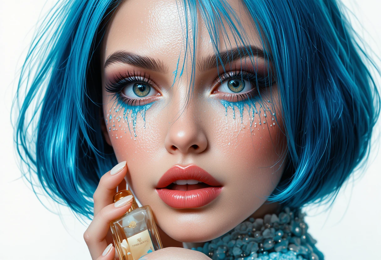 Donna elegante in abito blu che tiene in mano un flacone di profumo Tiffany
