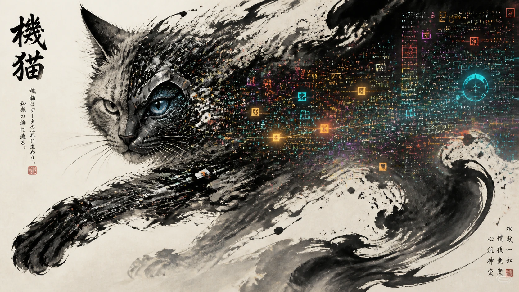 Félin cybernétique se dissolvant en glyphes colorés et traits d’encre