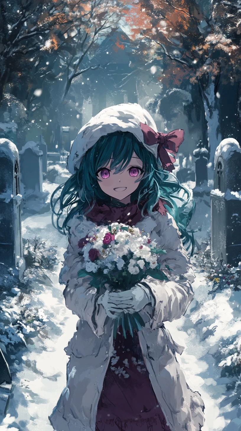 Chica de espada de hielo con cabello azul y elegante atuendo invernal