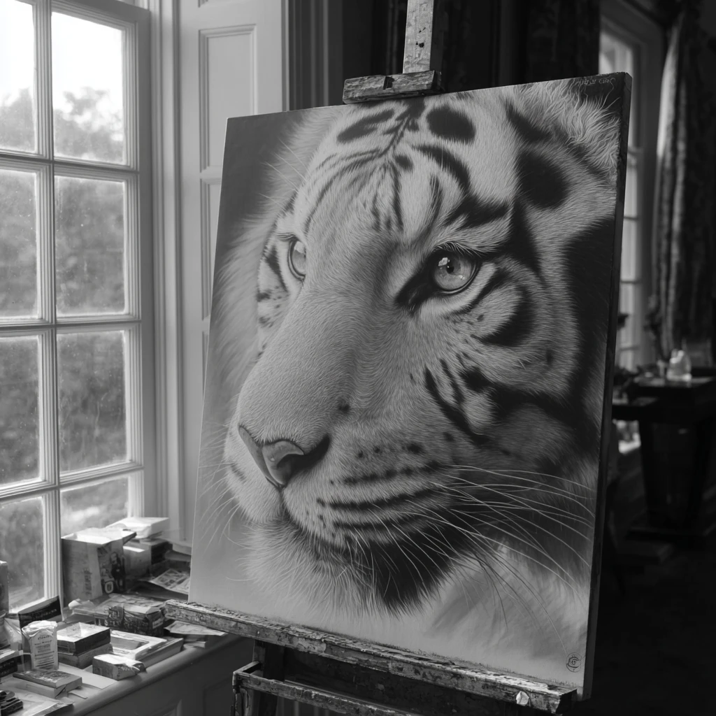 Dessin au crayon d’un visage de tigre blanc sur chevalet en plein soleil
