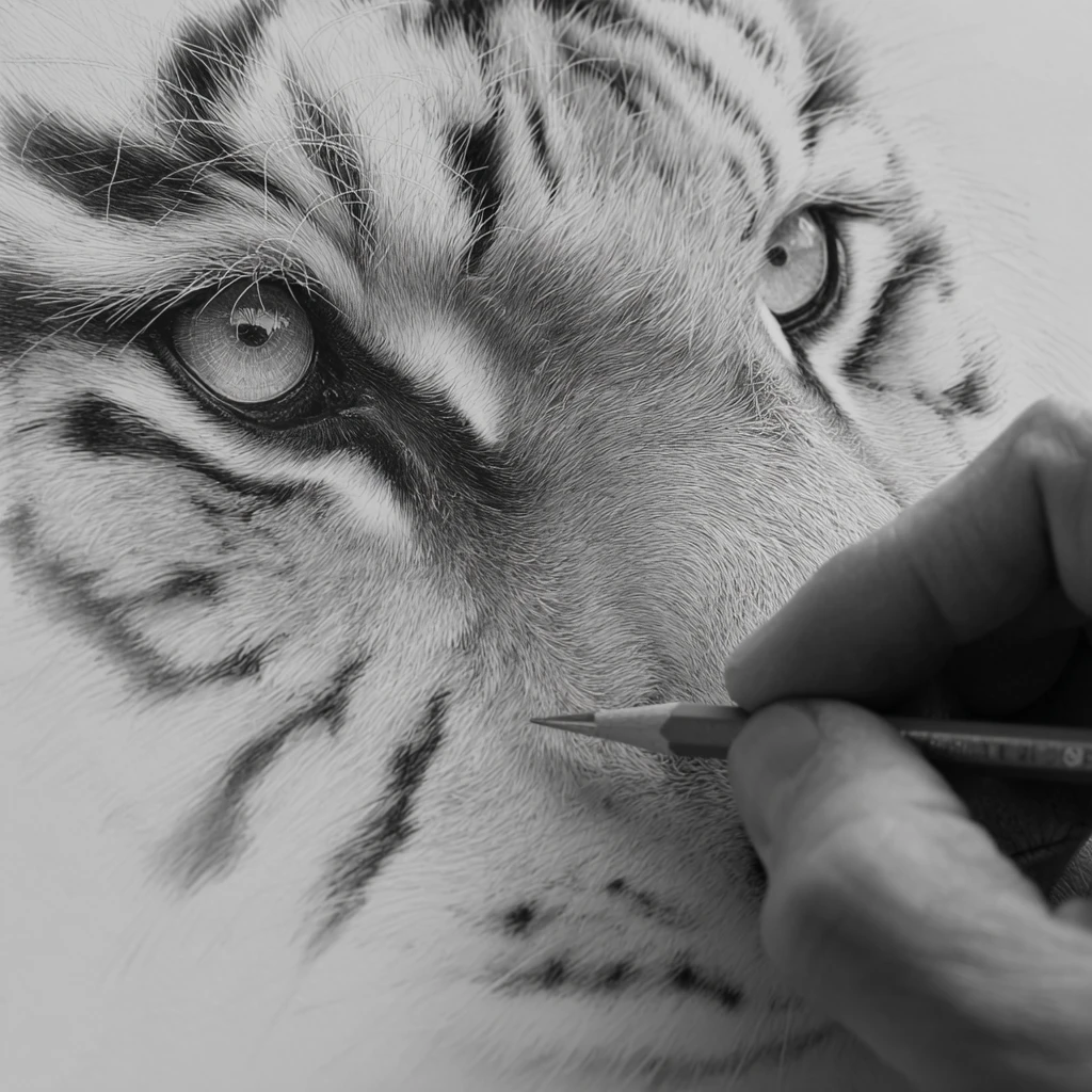 Nahaufnahme einer Bleistiftzeichnung eines weißen Tiger-Gesichts