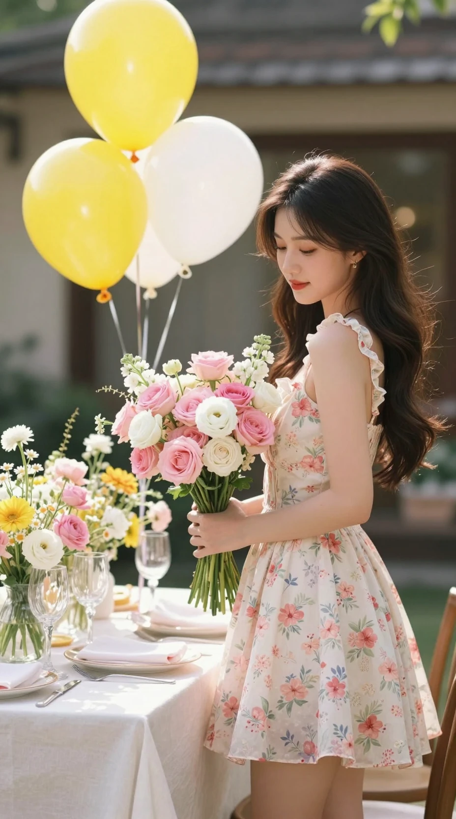 Jovem de vestido floral segurando buquê em festa