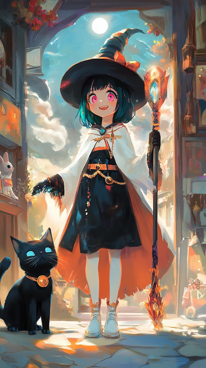 Black cat sprinting up old house stairs in neon colors