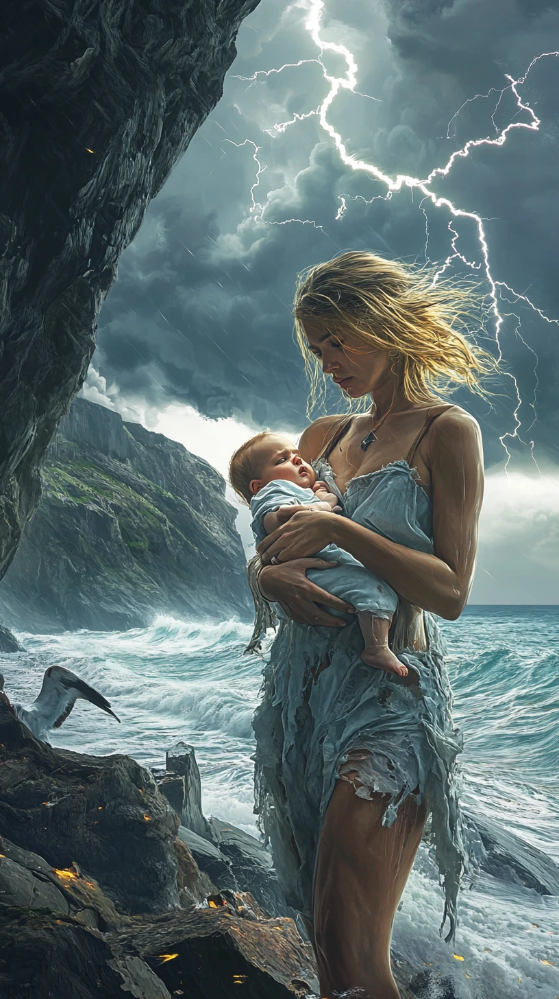 Giovane donna con bambino su una costa rocciosa in tempesta