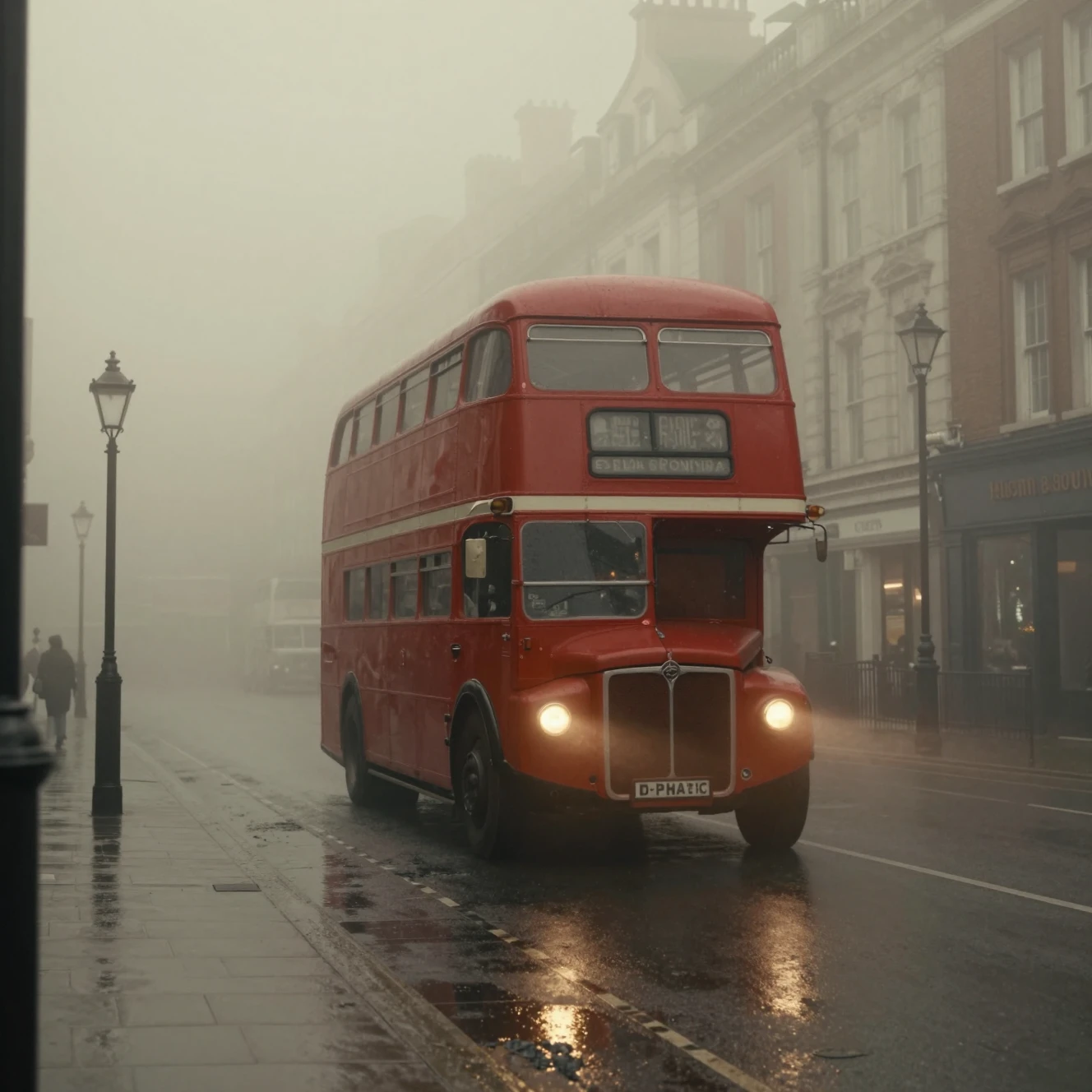 Ônibus londrino na neblina em rua densa de cidade dos anos 50