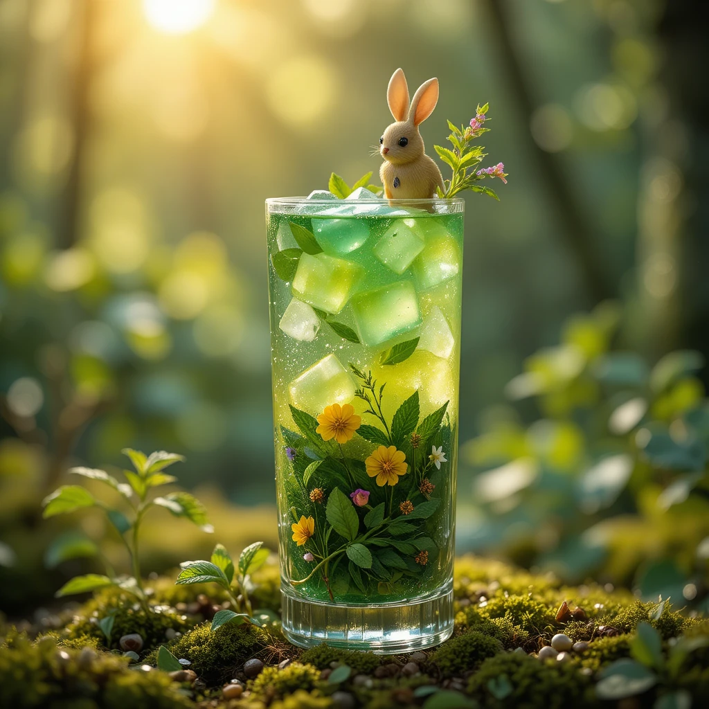 Coquetel herbal encantado em taça de cristal inspirada na floresta