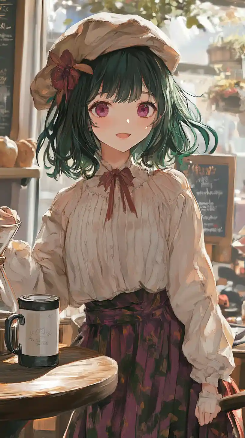 Chica de anime con atuendo acogedor y cabello verde oscuro