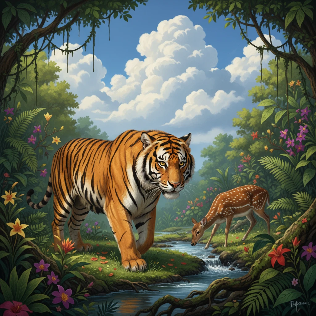 Tigre majestuoso acechando a su presa en una selva vibrante