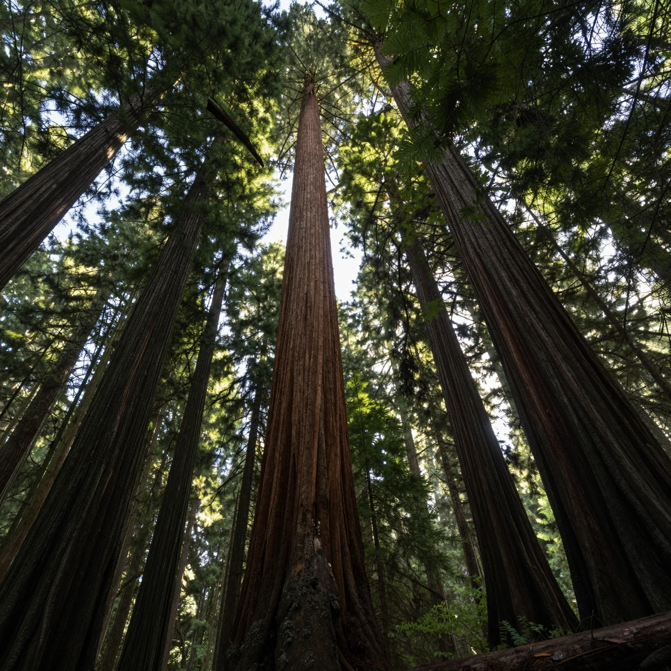Floresta de sequoias gigantes vista do chão da mata