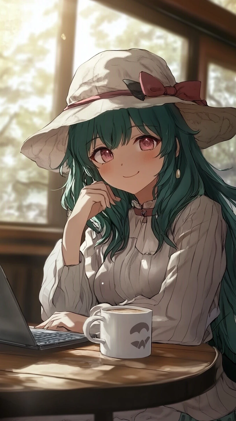 Lächelndes Anime-Mädchen im gemütlichen Outfit mit dunkelgrünen Haaren