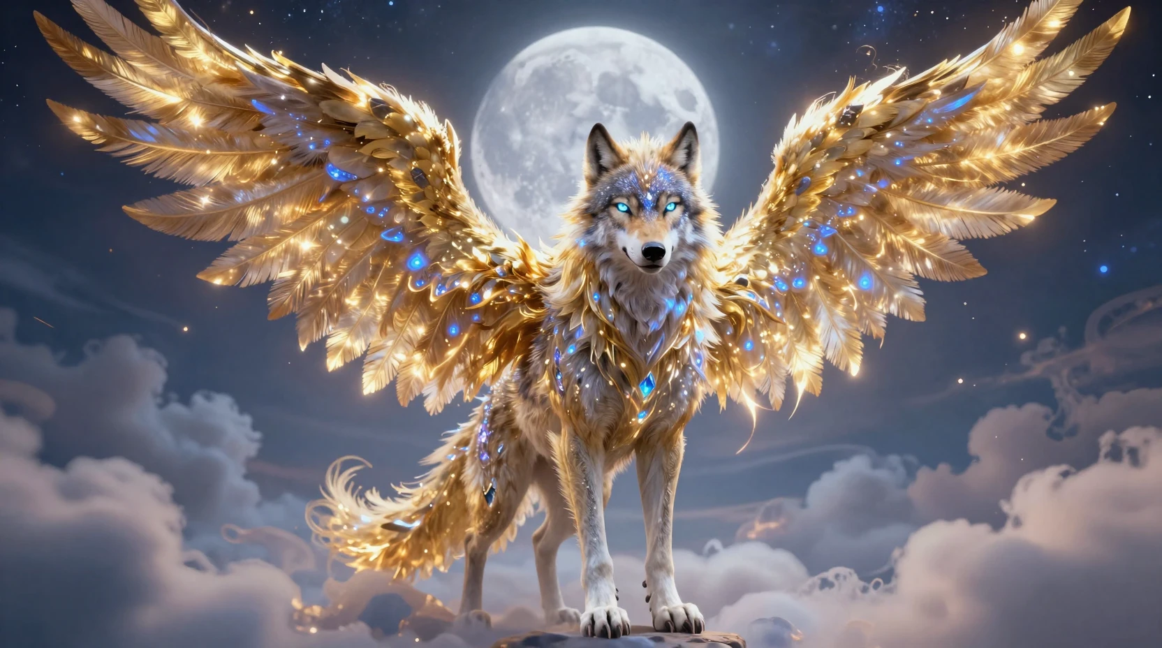 Lobo alado con llamas de fénix sobre nubes nocturnas brillantes