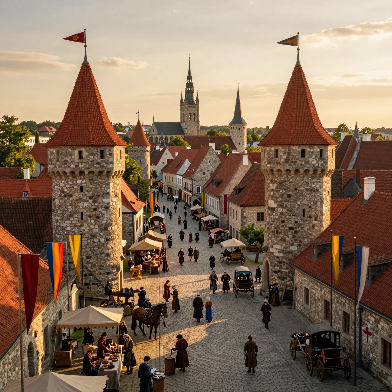 Lebhafte mittelalterliche europäische Stadtstraße zur goldenen Stunde