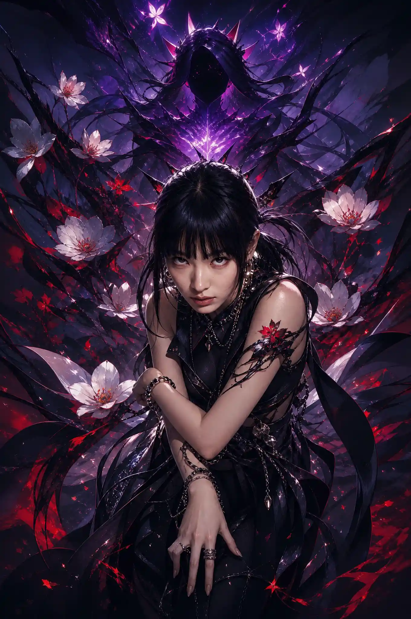 Femme dark fantasy en tenue cérémonielle avec rubans flottants