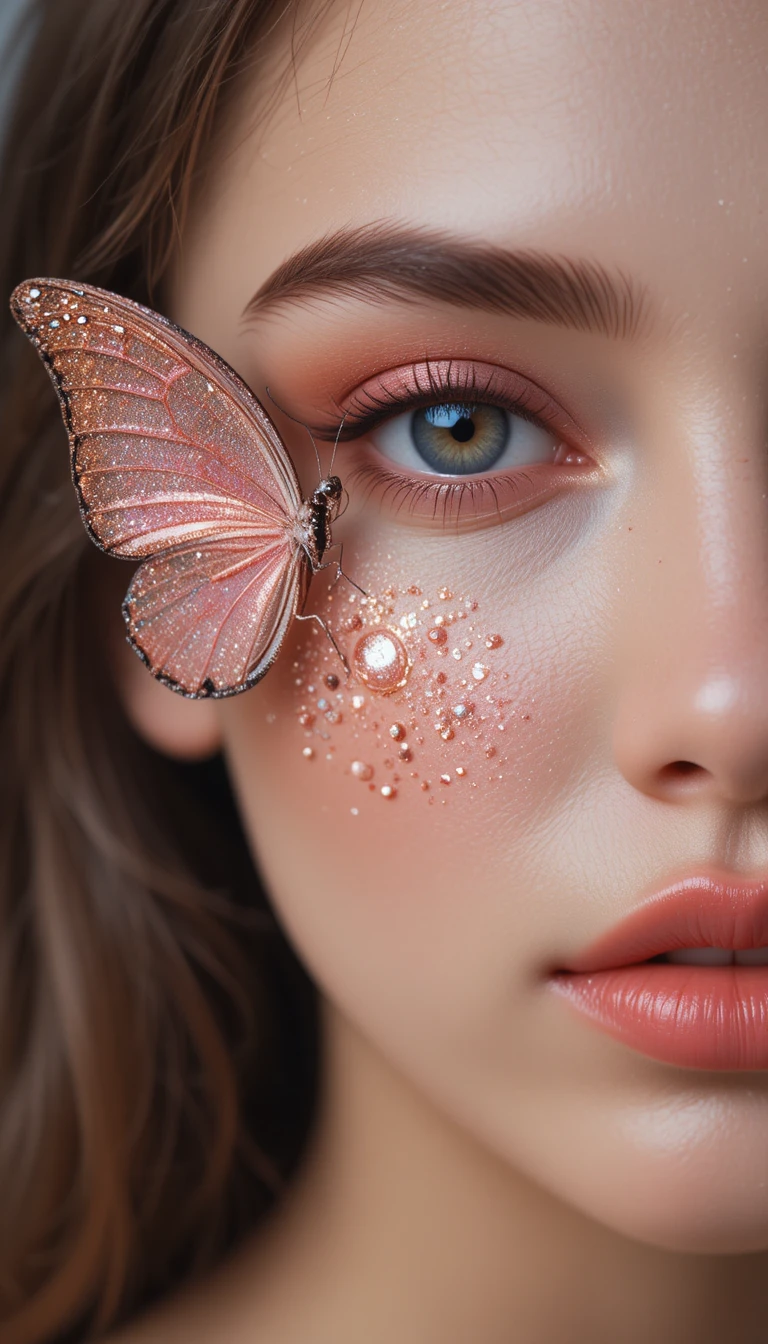 Retrato de belleza en primerísimo plano con mariposa y brillo