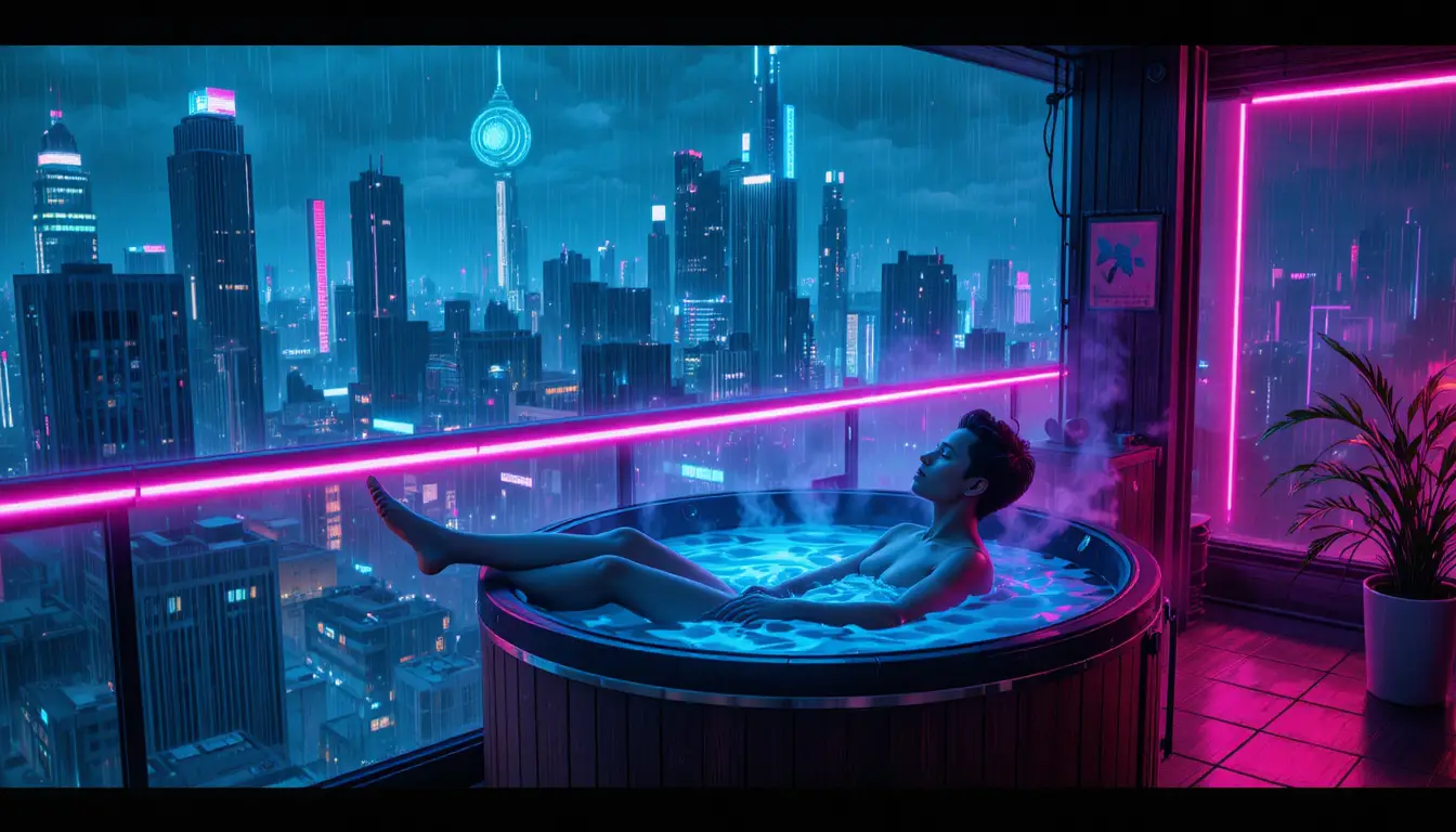 Entspannen im Whirlpool über einer neonbeleuchteten Cyberpunk-Stadt