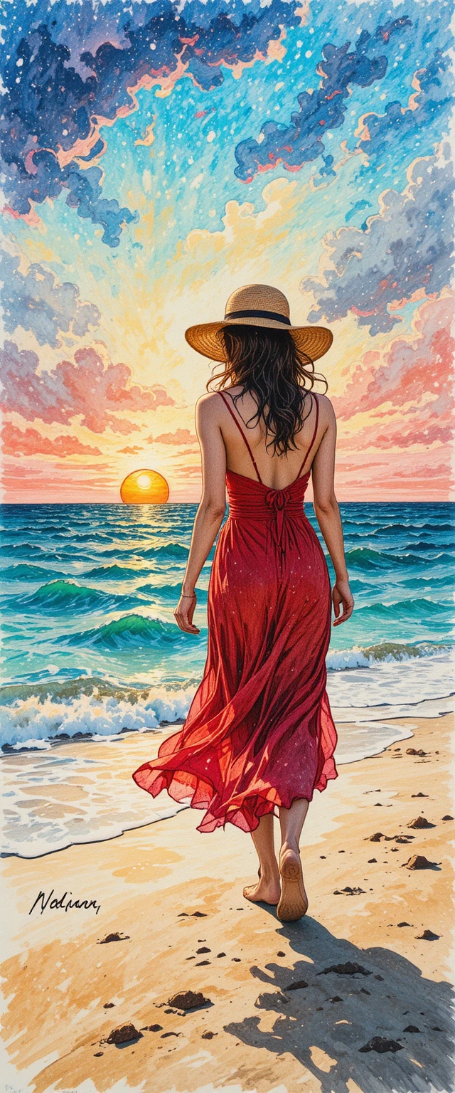 Mujer de rojo caminando por la playa al atardecer