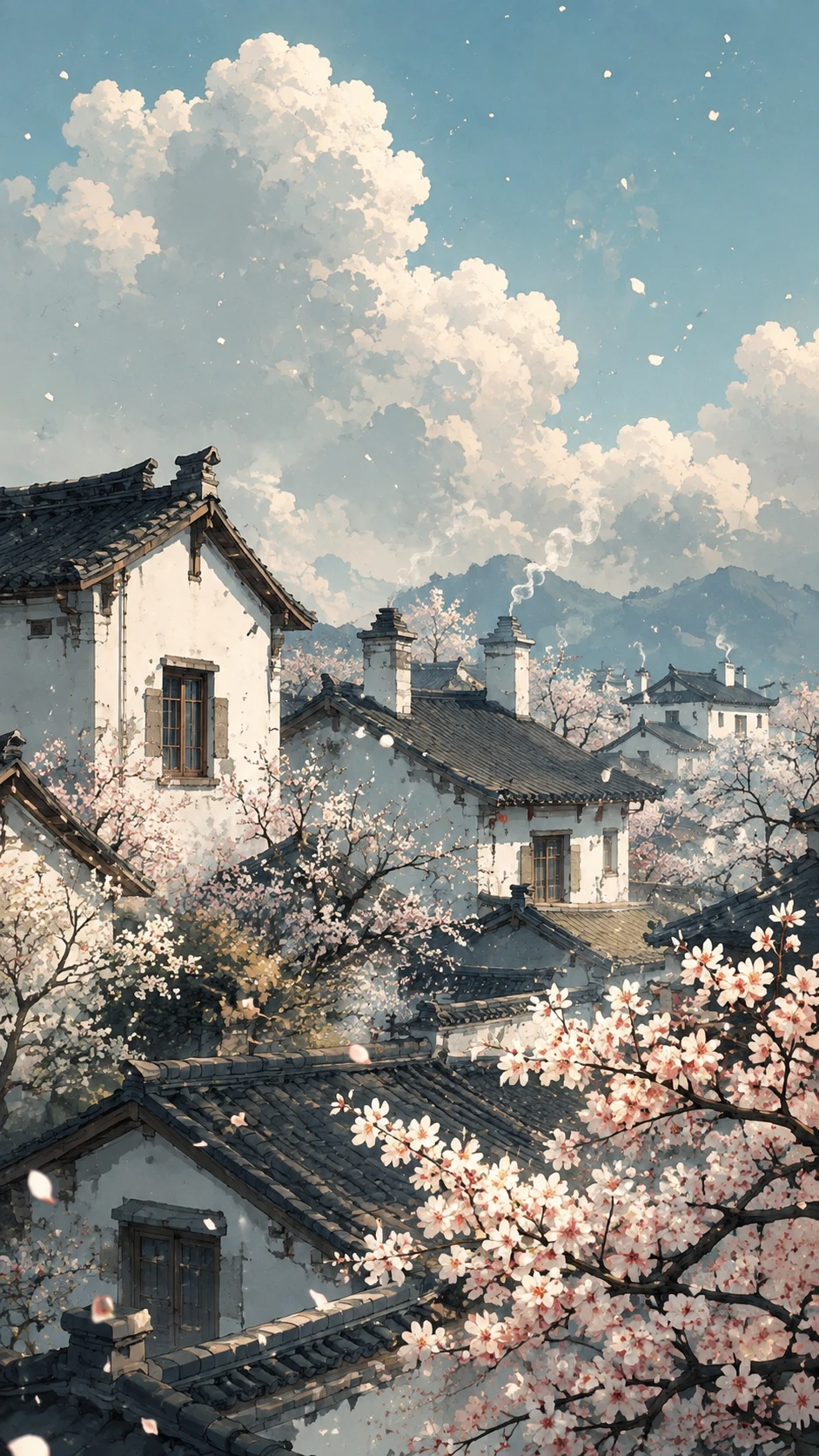 Traditionelle weiße Häuser und Pflaumenblüten unter blauem Frühlingshimmel