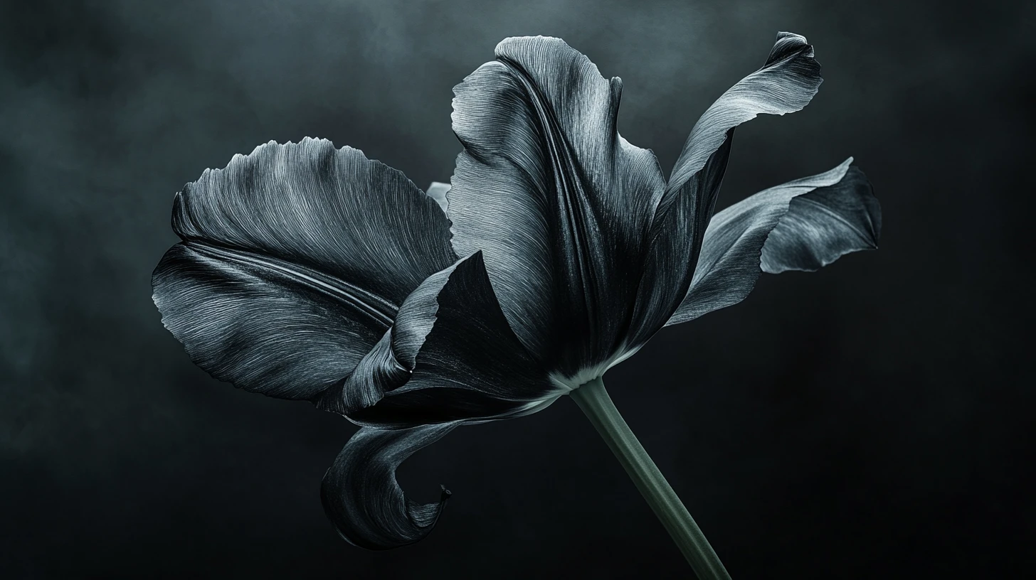 Schwarze Tulpe, die aus der Dunkelheit mit sich auflösenden Blütenblättern auftaucht