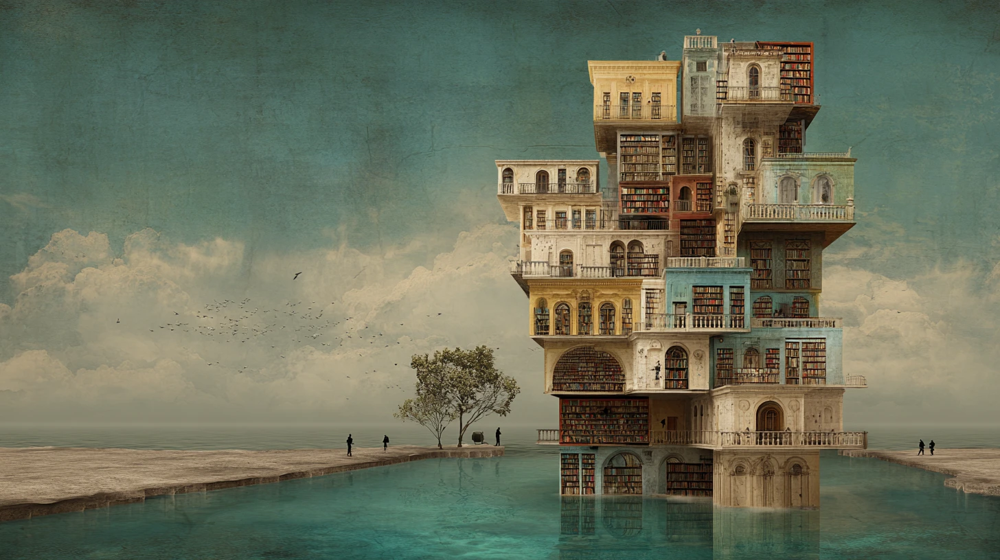 Biblioteca de fantasia surreal em arquitetura alienígena rendilhada