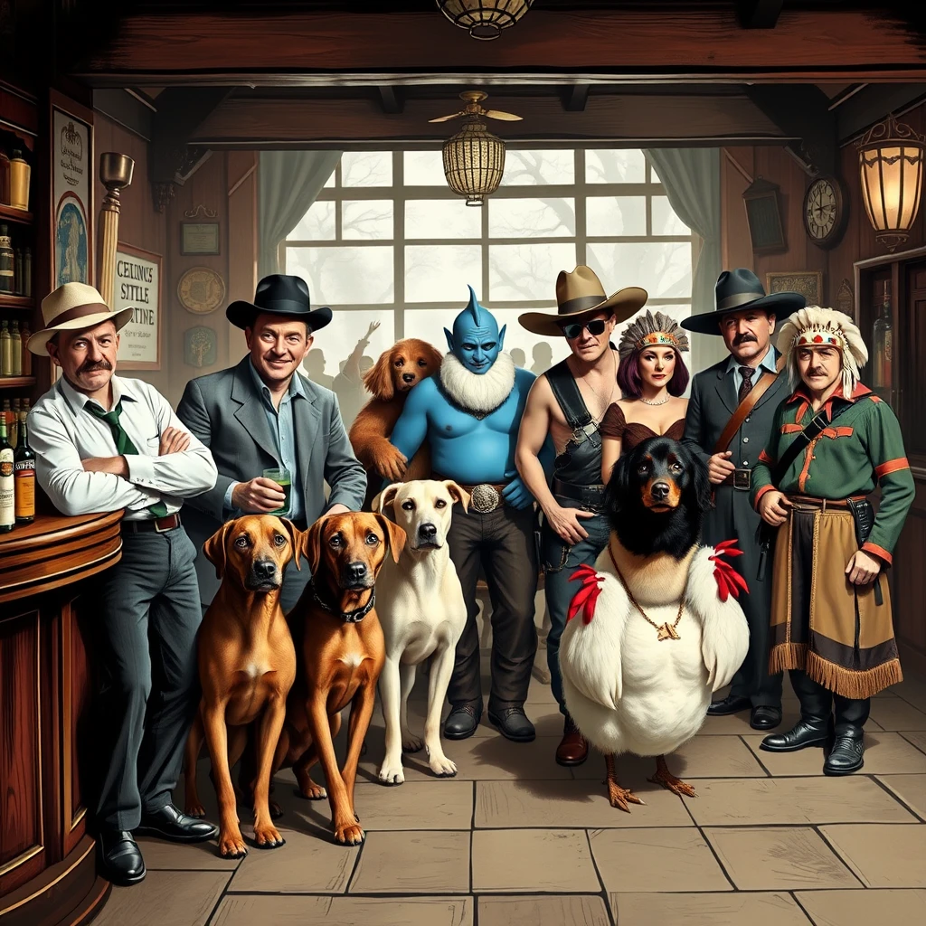 Um grupo diverso de personagens caminhando juntos para um bar